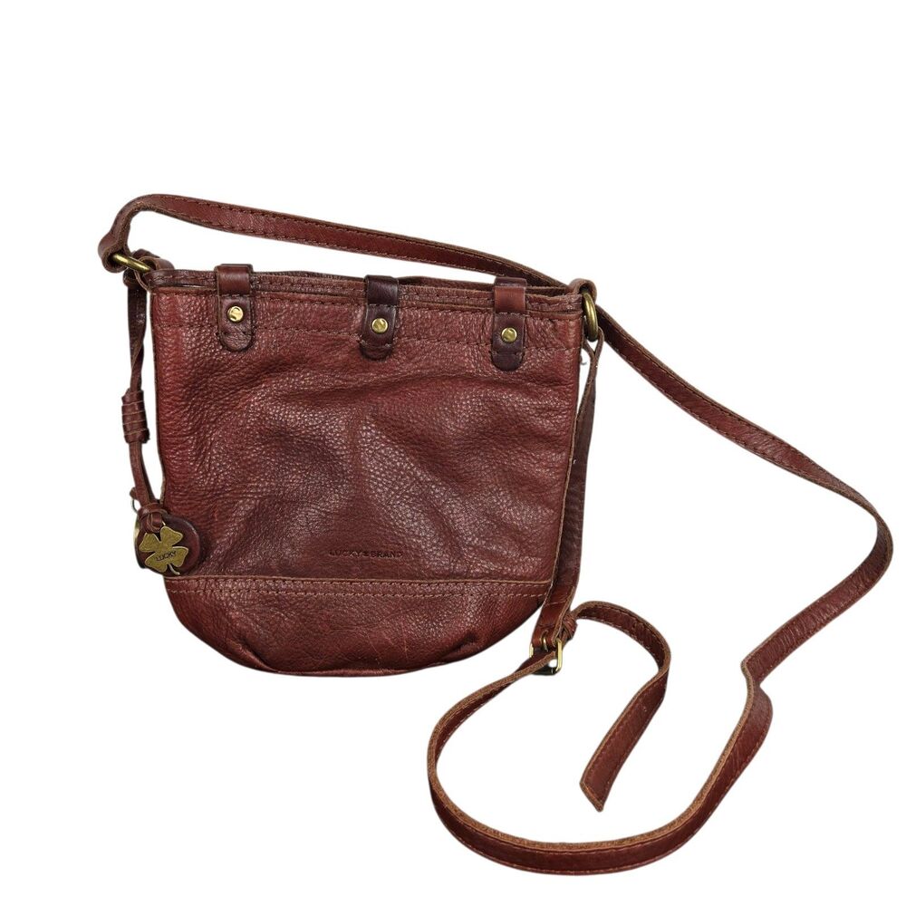 Lucky Brand Brown Pebbled Leather Crossbody Bag Purse with 4 Leaf Clover Charms